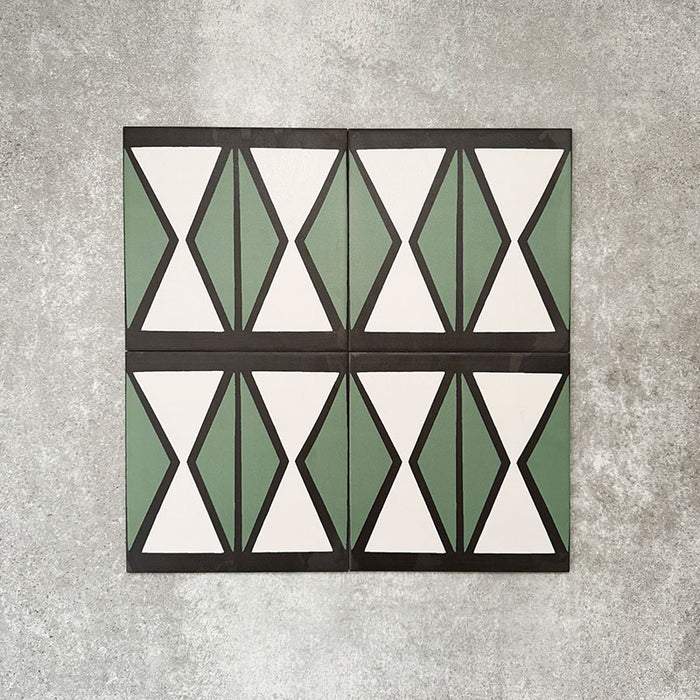 Abstrakte Sanduhr Musterfliese im Format 20 × 20 cm, in einem wiederholten Raster verlegt, um das markante geometrische Sanduhrdesign zu zeigen. Gedeckte Grüntöne und sanfte Cremenuancen werden von anthrazitfarbenen Details eingefasst und ergeben ein klares, zeitgemäßes Muster – ideal für Akzentwände, Bodenflächen oder dekorative Küchenrückwände.