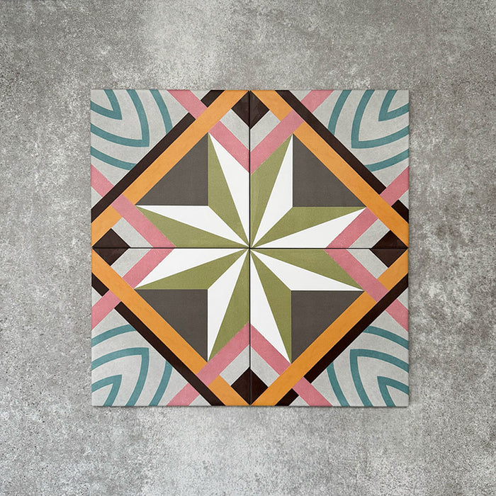 Kuba Stern Feinsteinzeugfliesen im marokkanischen Stil im Format 20 × 20 cm, angeordnet in einem sich wiederholenden geometrischen Sternmuster in sanften Grün-, Blau-, Rosa- und Senftönen. Die Draufsicht betont die klare Symmetrie, präzisen Linien und den dekorativen Zementfliesen-Look.