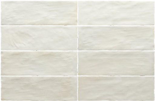 Zellige Siliciumweiß Matt Brick Fliese im marokkanischen Stil im Format 6,5 × 20 cm, aus der Nähe gezeigt. Das sanfte, matte Off-White-Finish mit feiner Oberflächenvariation betont die handgefertigte Optik und die dezente Textur.