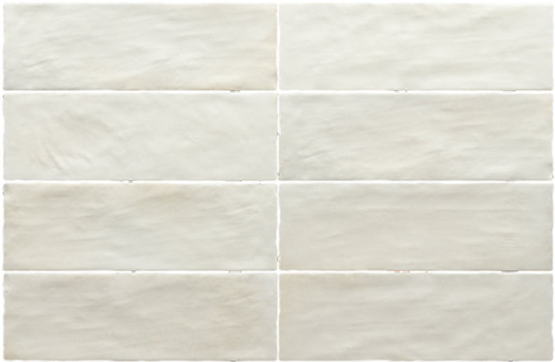 Zellige Siliciumweiß Matt Brick Fliese im marokkanischen Stil im Format 6,5 × 20 cm, aus der Nähe gezeigt. Das sanfte, matte Off-White-Finish mit feiner Oberflächenvariation betont die handgefertigte Optik und die dezente Textur.