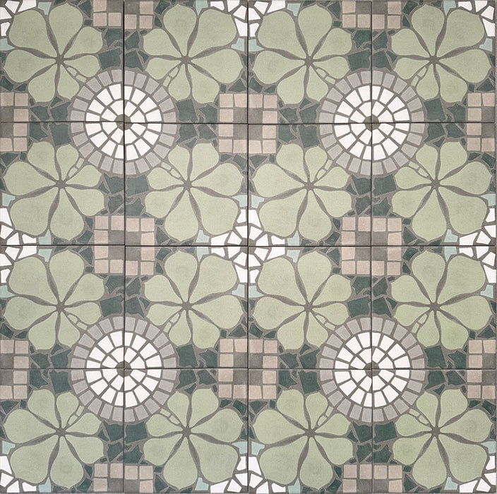 Kuba Laurent Nantes Fliesen im marokkanischen Stil im Format 20 × 20 cm, dargestellt als durchgehendes, wiederholtes Muster. Das Design kombiniert florale Motive in sanftem Grün mit runden Mosaik-Details und neutralen Steinoptik-Tönen und schafft so ein ausgewogenes, dekoratives Boden- oder Wandmuster mit traditionell marokkanischer Anmutung.