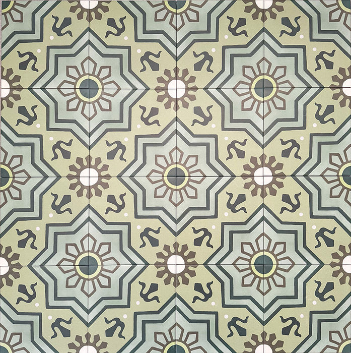 Gemustertes Verlegemuster mit Berlin Nikolai Feinsteinzeugfliesen im Format 20 × 20 cm im marokkanisch inspirierten Stil. Gezeigt wird das vollständige, sich wiederholende geometrische Design in abgestuften Grüntönen mit dunklen Akzenten – ideal für markante Bodenflächen oder ausdrucksstarke Wandgestaltungen.