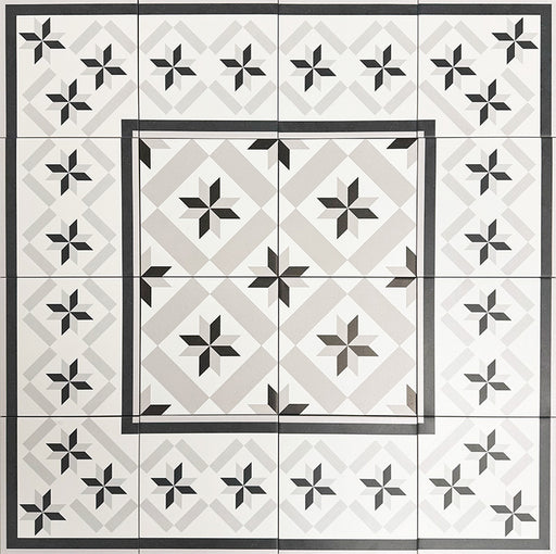 Verlegemuster mit Canterbury Stern Feinsteinzeugfliesen im viktorianischen Stil im Format 20 × 20 cm, angeordnet mit passenden Canterbury Stern Bordürenfliesen. Das gerahmte geometrische Design mit sich wiederholenden Sternmotiven eignet sich ideal für klassische Flur- und Eingangsbereiche.