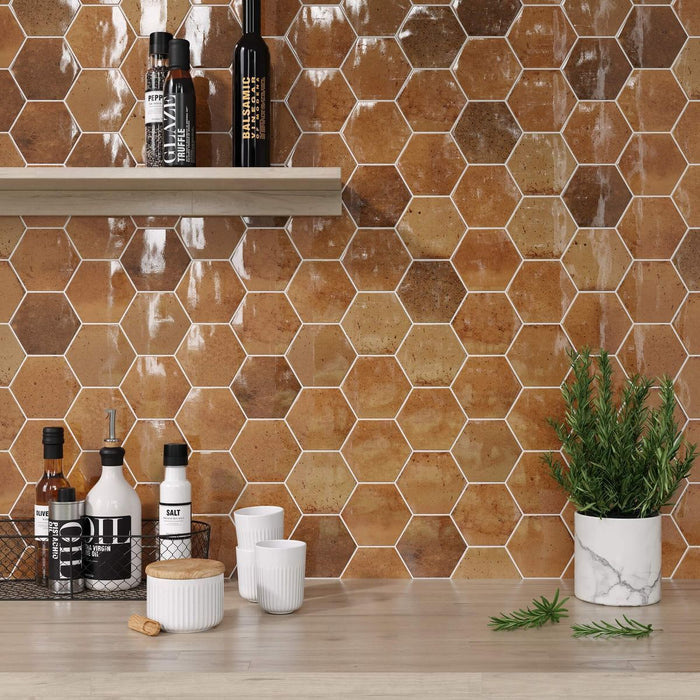 Elazar Hexagon Ochre Glossy Porcelain Wall and Floor Tiles 11.8cm x 10.2cm