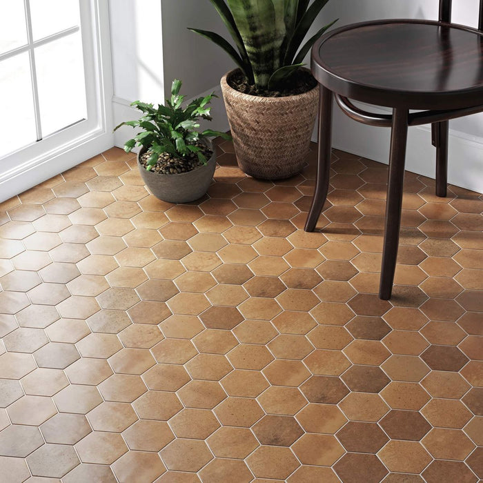 Elazar Hexagon Ochre Matt Porcelain Wall and Floor Tiles 11.8cm x 10.2cm