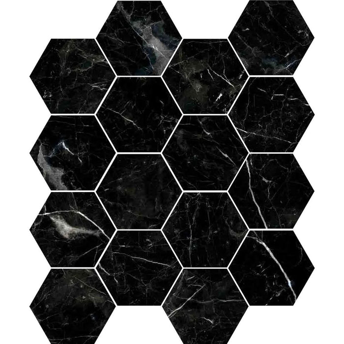 MUESTRA COMPLETA DE AZULEJOS Roma Hexágono Negro para Pared y Suelo de Porcelana, mate, antideslizante, 15 cm x 17,3 cm