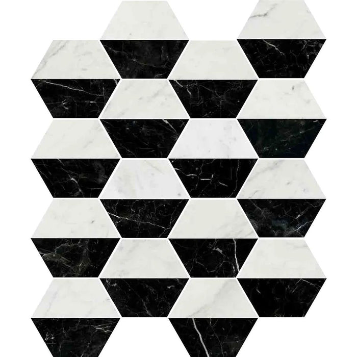 GANZE FLIESENPROBE Roma Weiß & Schwarz Hexagon-Wand- und Bodenfliese aus Porzellan, matt, rutschfest, 15 cm x 17,3 cm