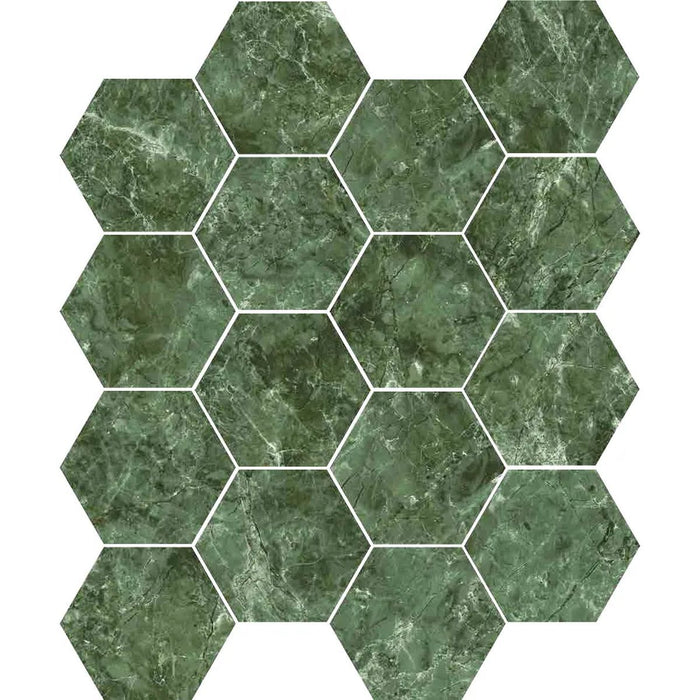 MUESTRA COMPLETA DE AZULEJOS Roma Verde Hexágono Azulejo de pared y suelo de porcelana, mate, antideslizante, 15 cm x 17,3 cm