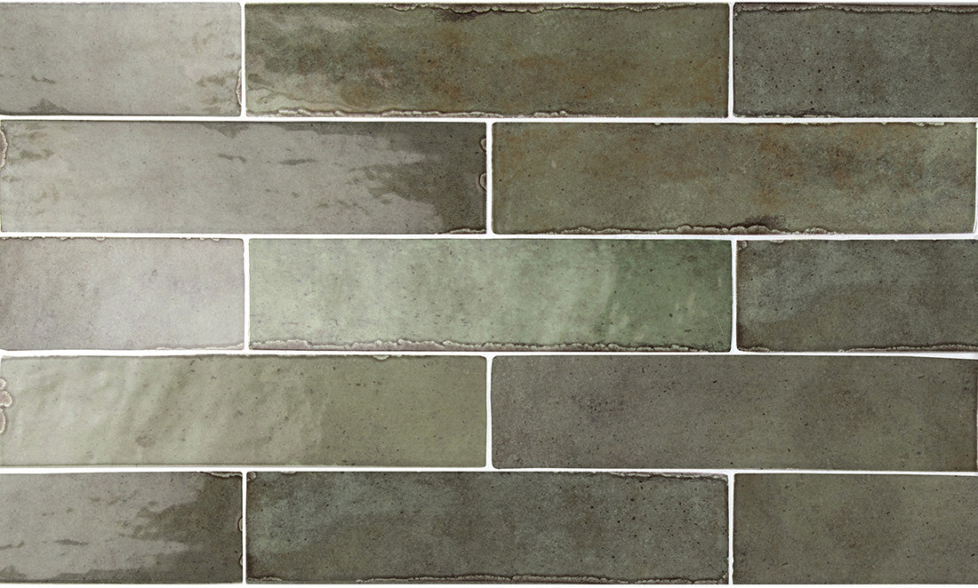 Muestra entera de azulejo Nomadin Brick verde salvia estilo industrial azulejo de pared 6 cm x 24,6 cm