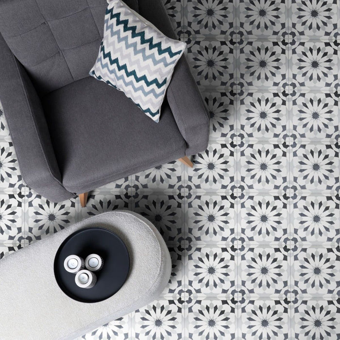 GANZE FLIESENPROBE Soukaina Schwarz A Échantillon complet de carreaux muraux et de sol marocains 20 x 20 cm