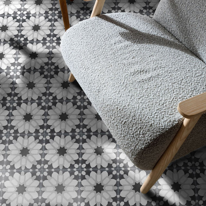 GANZE FLIESENPROBE Soukaina Schwarz D Modèle Carreaux muraux et de sol marocains 20 x 20 cm