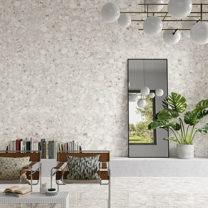 GESCHNITTENE FLIESENPROBE (Schnittstück ca. 15cm x 30cm) Venezianisch Perlgrau Matt | Terrazzofliese | 60cm x 120cm